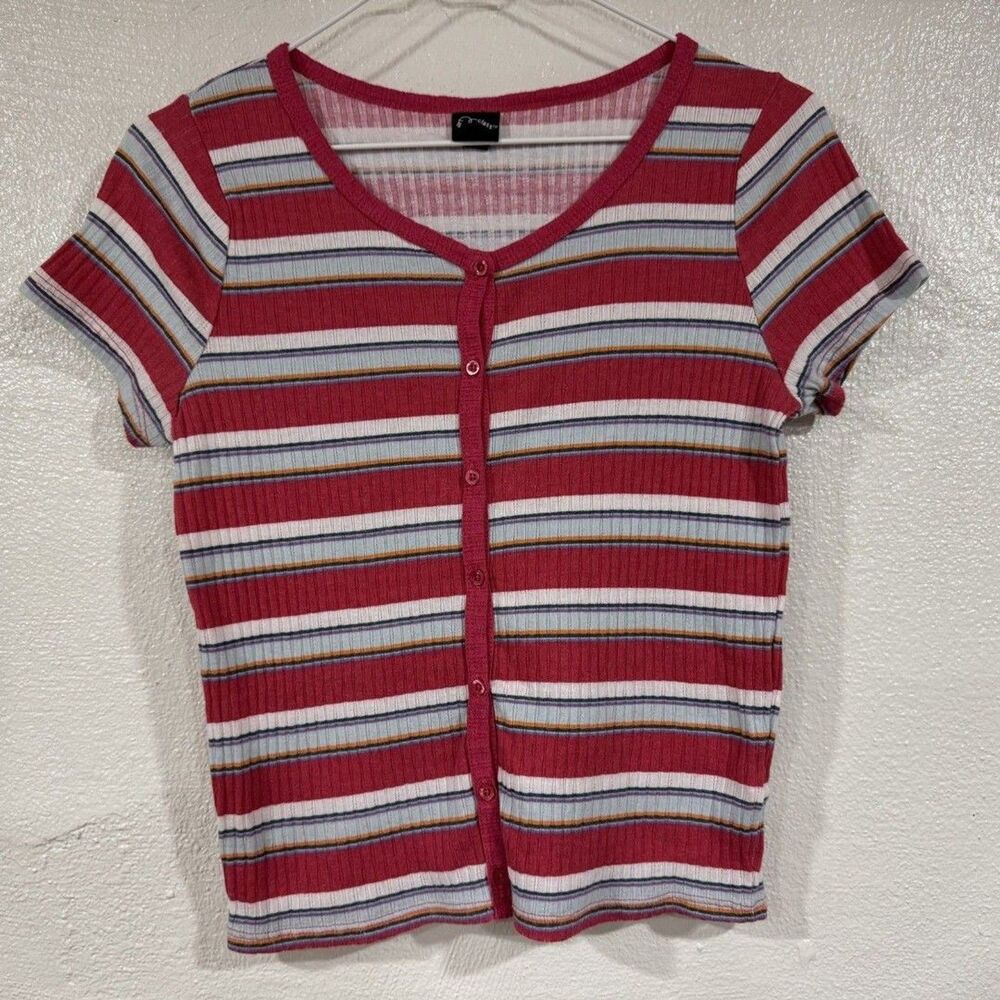 Art Class Shirt Girls XL Red Multicolor Striped Button Front Ribbed Knit Top